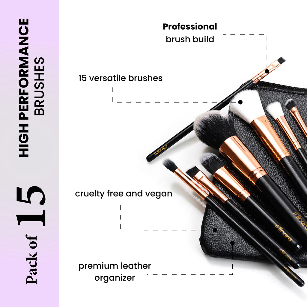 MINARA Makeup Brush Applicator Set of 15 with Premium Leather Pouch (Pack of 15)-Black