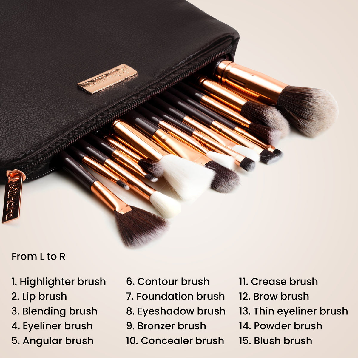 MINARA Makeup Brush Applicator Set of 15 with Premium Leather Pouch (Pack of 15)-Black