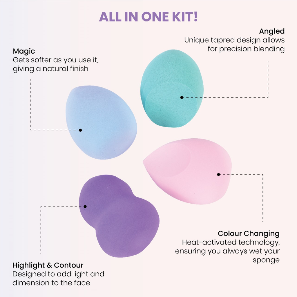 MINARA Beauty Ultra soft Blender Makeup Sponge Set of 4 (Multicolour)|Travel Size Cosmetic Blender and Sponge Kit For Face Foundation Blushes Eyeshadow With Storage
