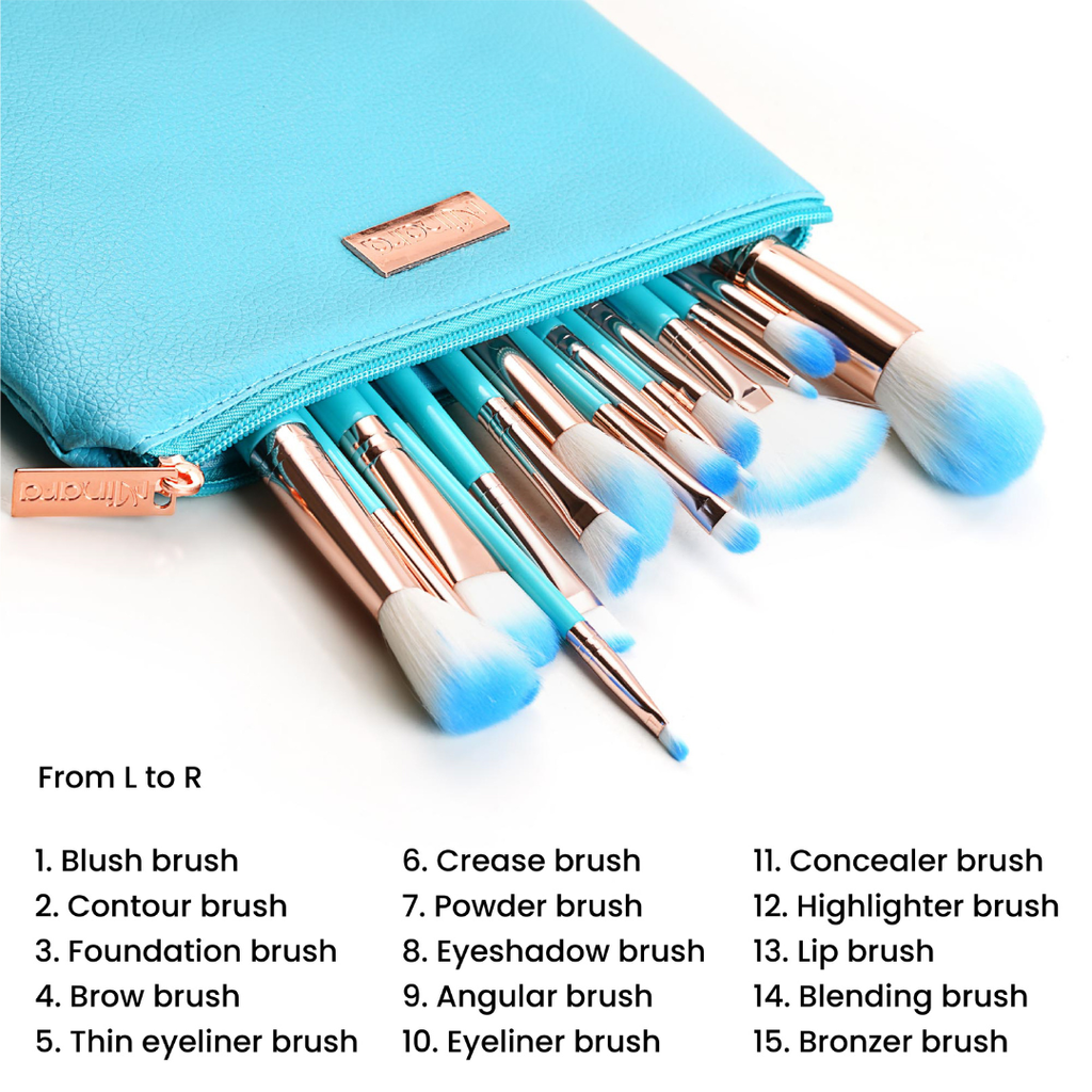 MINARA Makeup Brush Applicator Set of 15 with Premium Leather Pouch (Pack of 15)-Blue