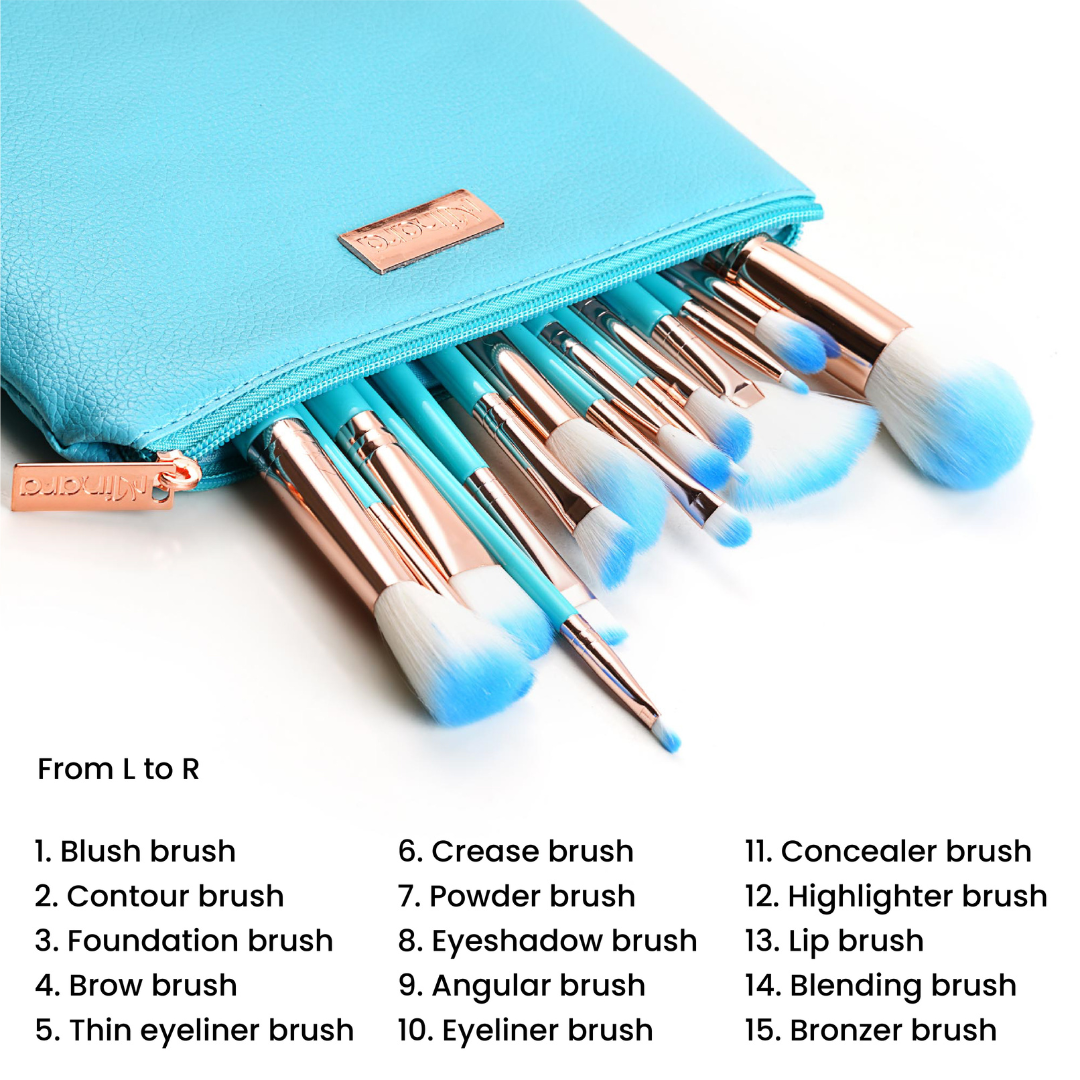 MINARA Makeup Brush Applicator Set of 15 with Premium Leather Pouch (Pack of 15)-Blue