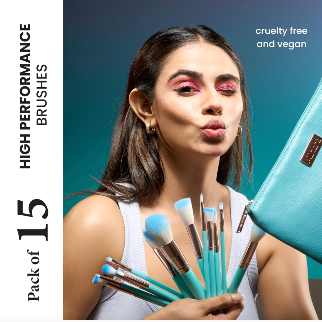 MINARA Makeup Brush Applicator Set of 15 with Premium Leather Pouch (Pack of 15)-Blue