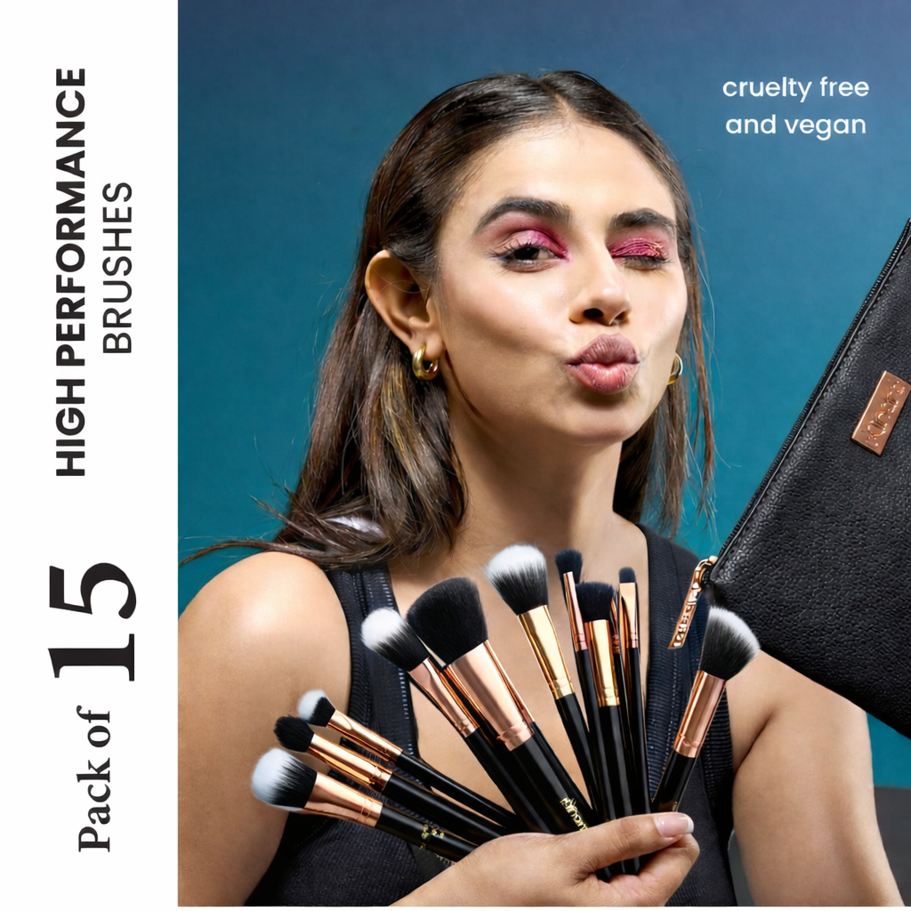 MINARA Makeup Brush Applicator Set of 15 with Premium Leather Pouch (Pack of 15)-Black