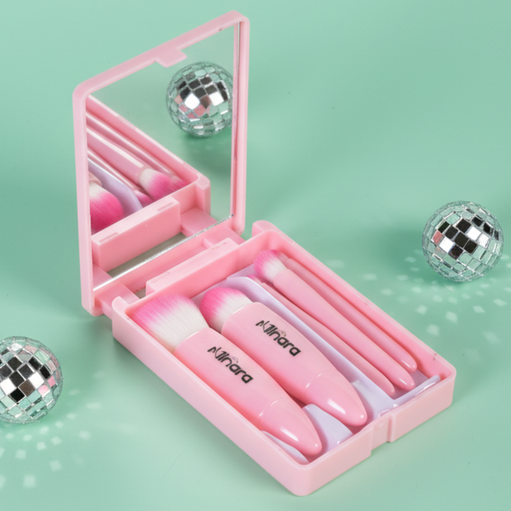 MINARA Travel Friendly Makeup Brush Applicator Set Of 5 Box With Mirror - Baby Pink