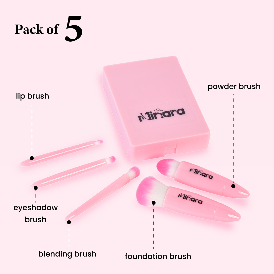 MINARA Travel Friendly Makeup Brush Applicator Set Of 5 Box With Mirror - Baby Pink