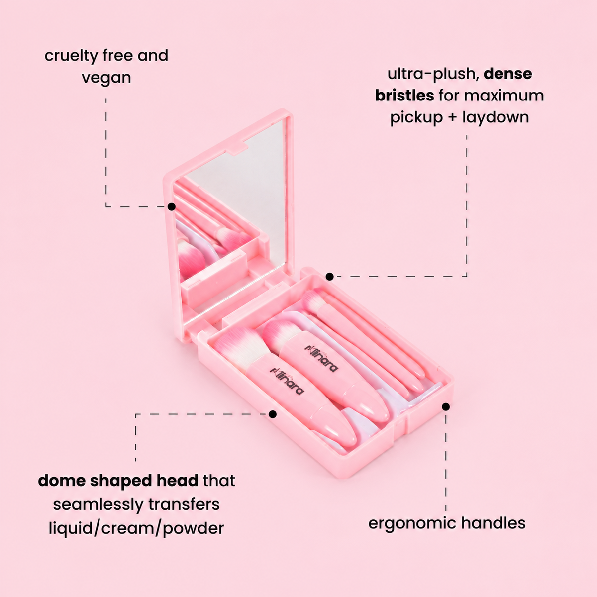 MINARA Travel Friendly Makeup Brush Applicator Set Of 5 Box With Mirror - Baby Pink