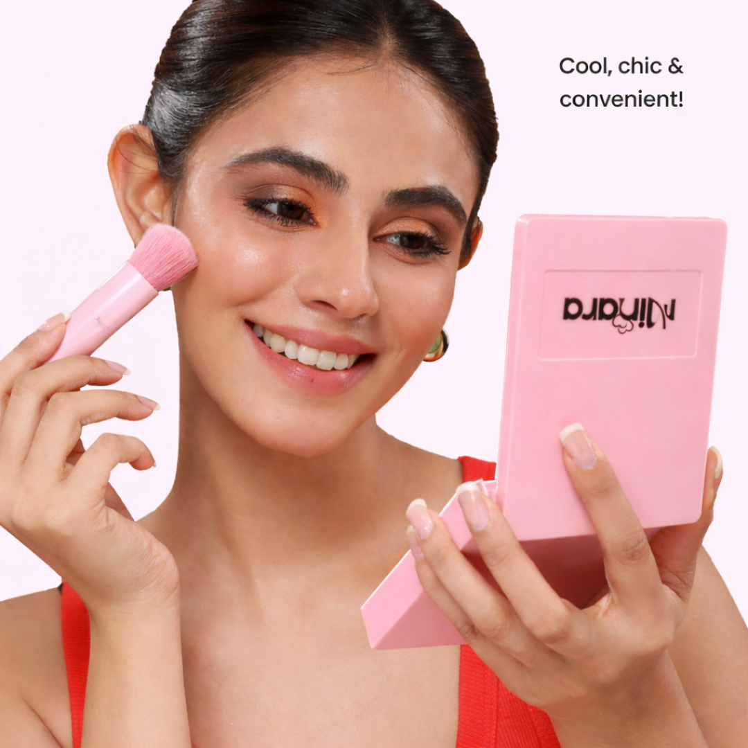 MINARA Travel Friendly Makeup Brush Applicator Set Of 5 Box With Mirror - Baby Pink