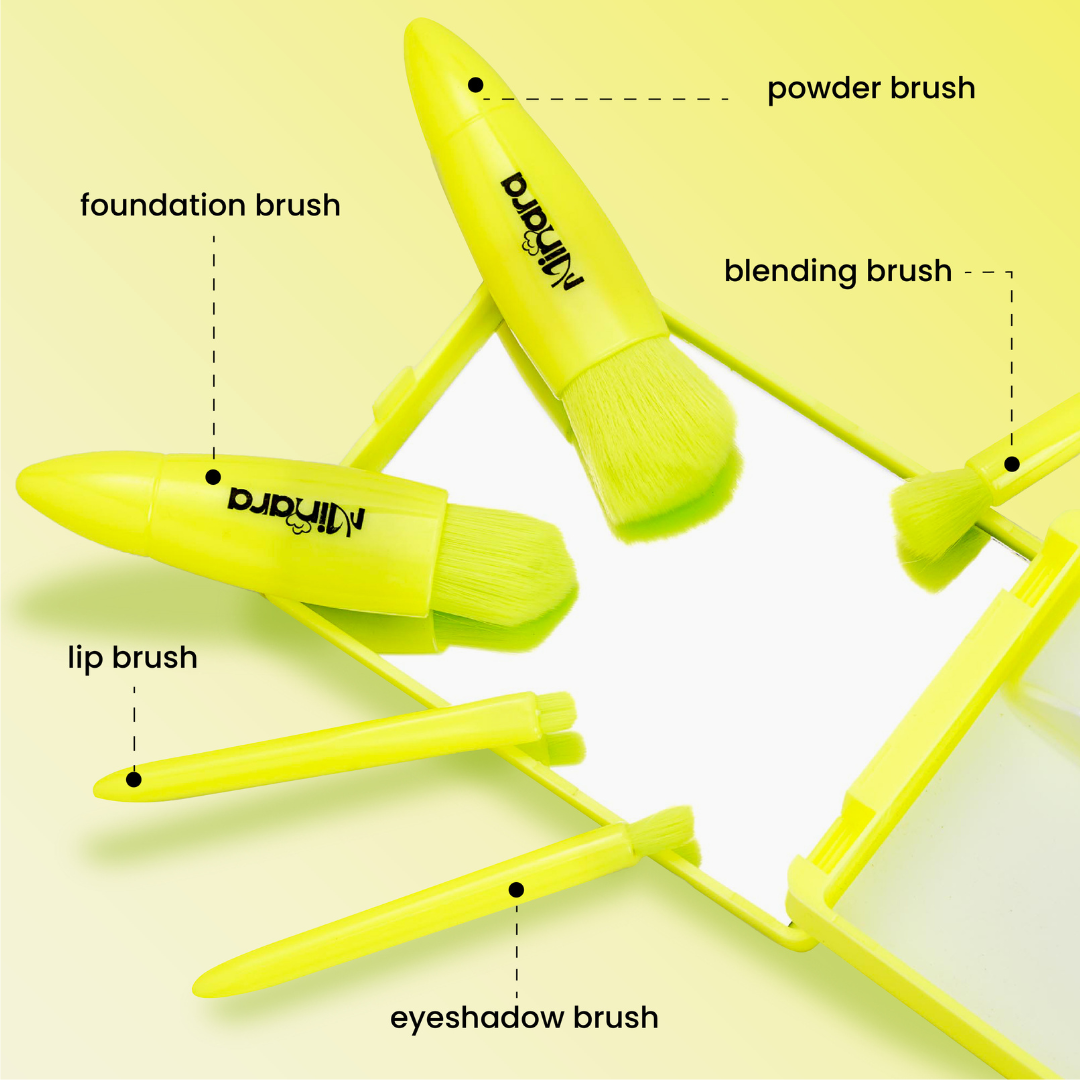MINARA Travel Friendly Makeup Brush Applicator Set Of 5 Box With Mirror - Neon Green