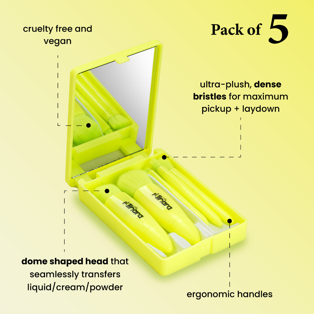 MINARA Travel Friendly Makeup Brush Applicator Set Of 5 Box With Mirror - Neon Green