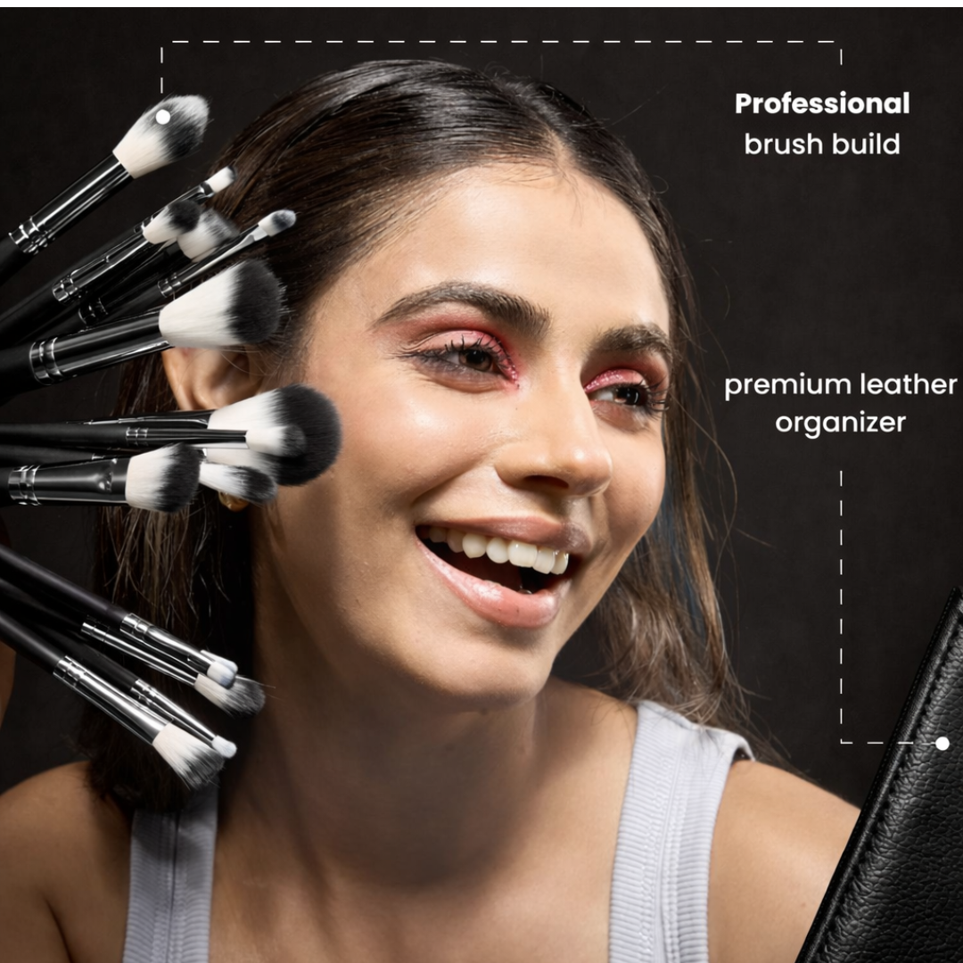 MINARA Makeup Brush Applicator Set of 15 with Premium Leather Pouch (Pack of 15)-Black