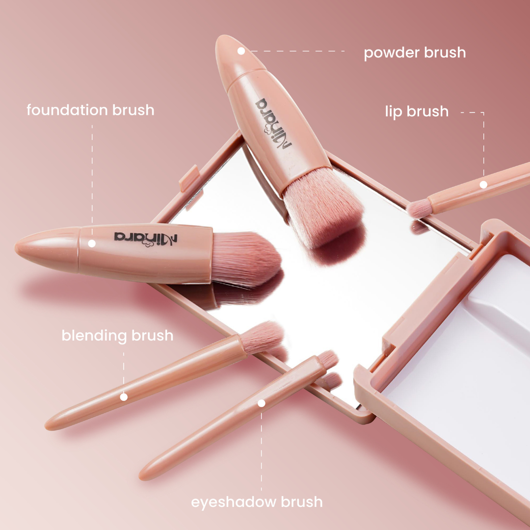 MINARA Travel Friendly Makeup Brush Applicator Set Of 5 Box With Mirror - Nude(Brown)