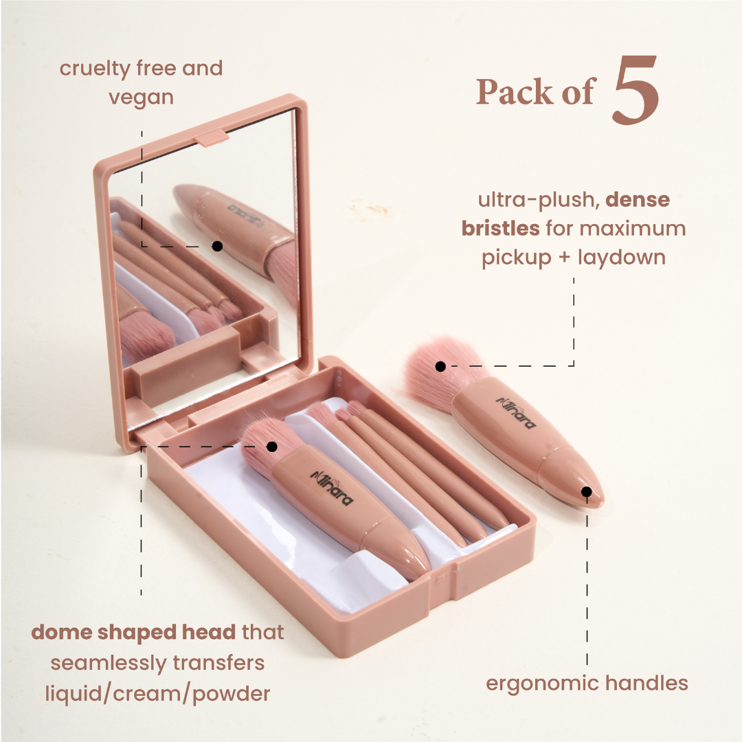 MINARA Travel Friendly Makeup Brush Applicator Set Of 5 Box With Mirror - Nude(Brown)