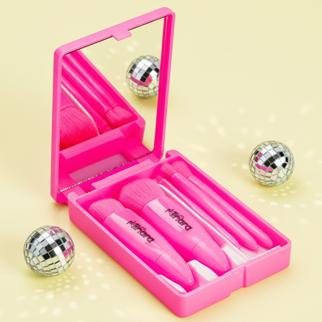 MINARA Travel Friendly Makeup Brush Applicator Set Of 5 Box With Mirror - Hot Pink