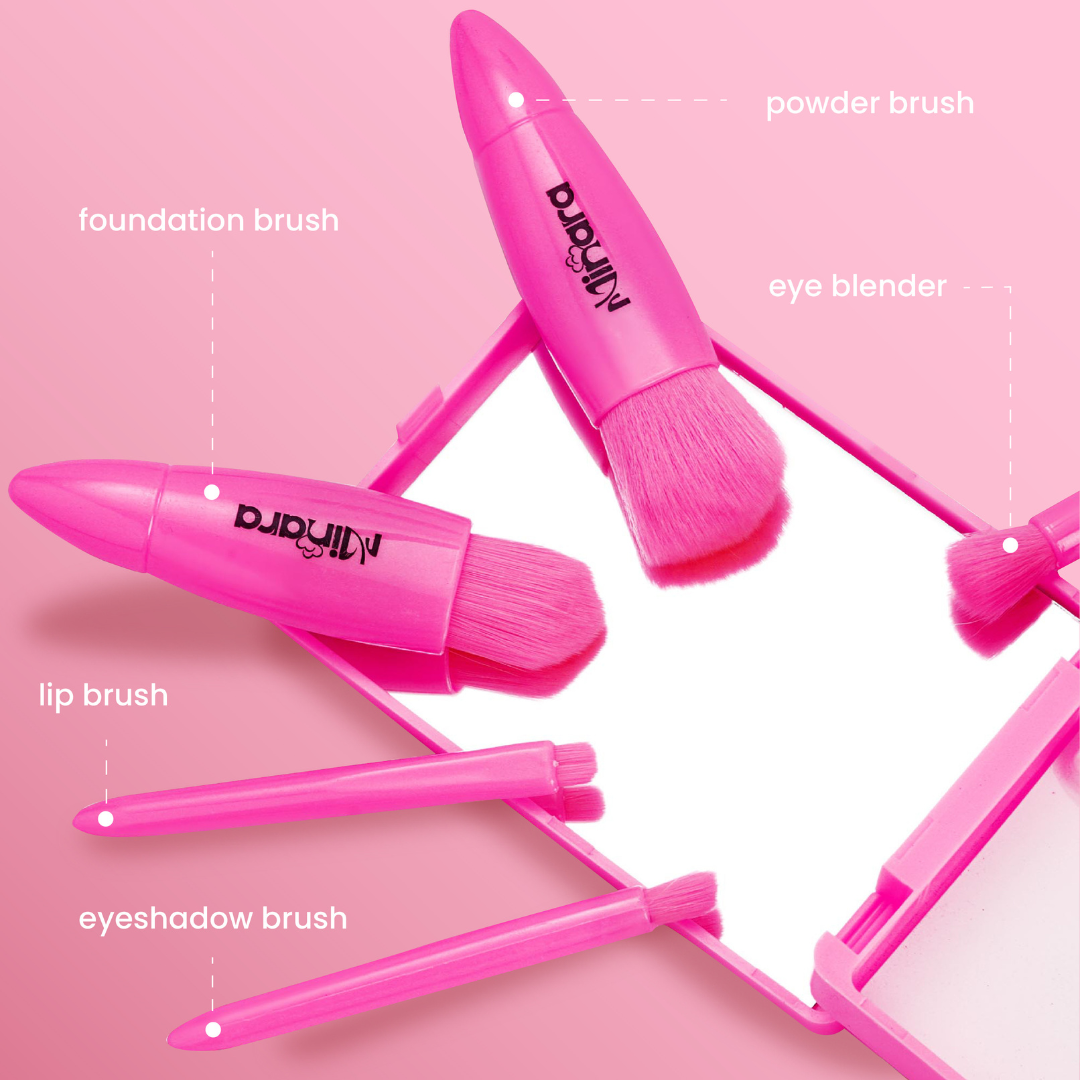 MINARA Travel Friendly Makeup Brush Applicator Set Of 5 Box With Mirror - Hot Pink