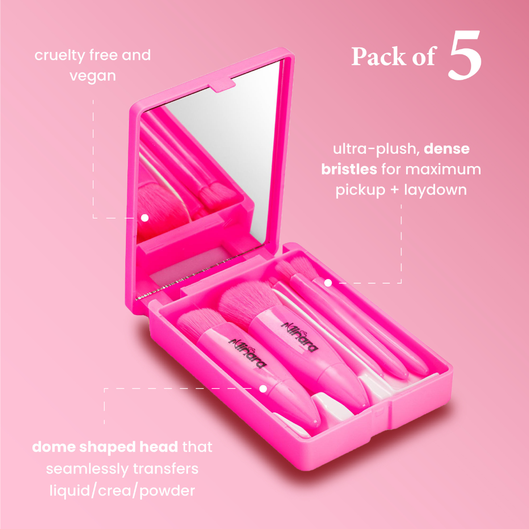 MINARA Travel Friendly Makeup Brush Applicator Set Of 5 Box With Mirror - Hot Pink