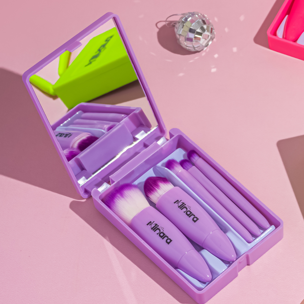 MINARA Travel Friendly Makeup Brush Applicator Set Of 5 Box With Mirror - Lavender