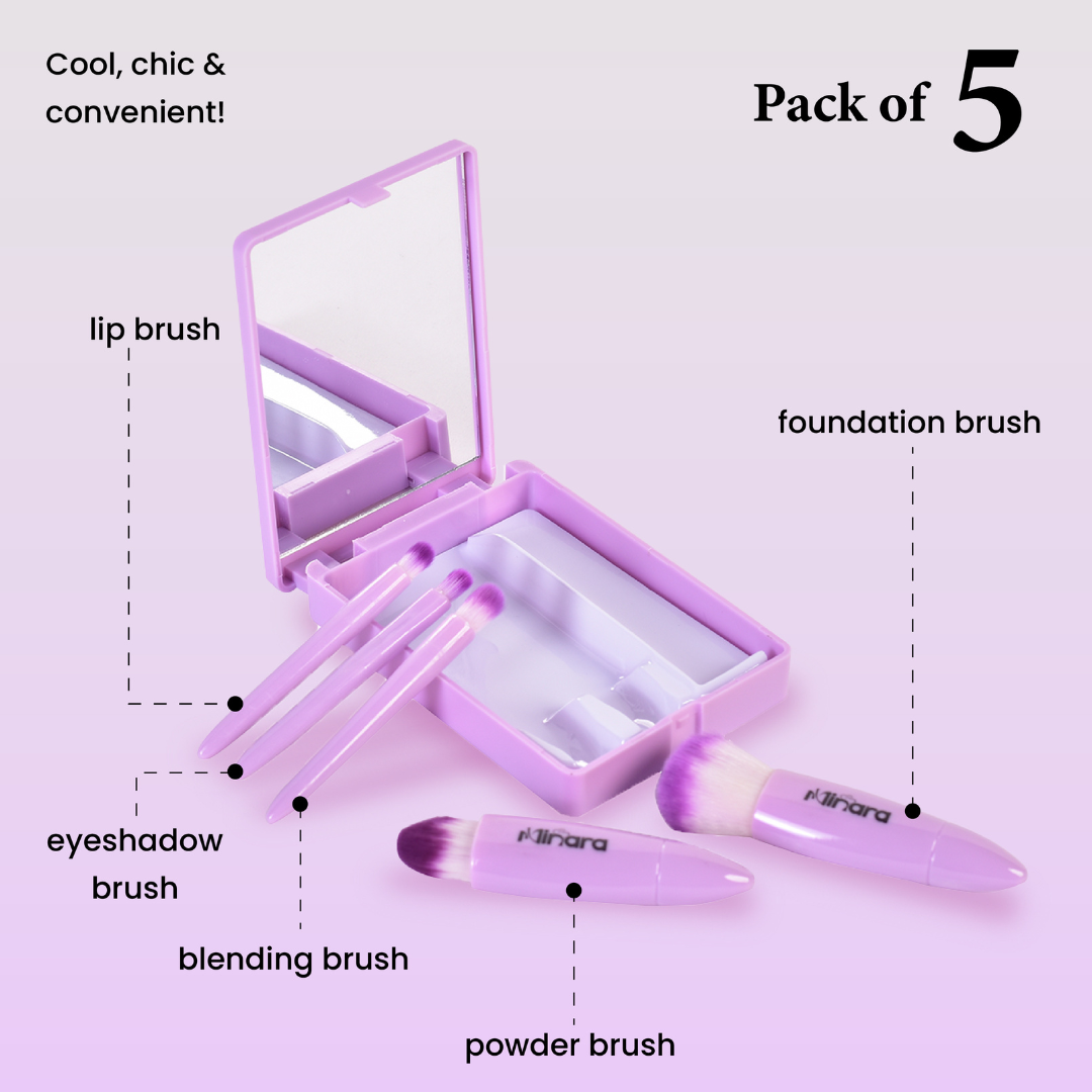 MINARA Travel Friendly Makeup Brush Applicator Set Of 5 Box With Mirror - Lavender