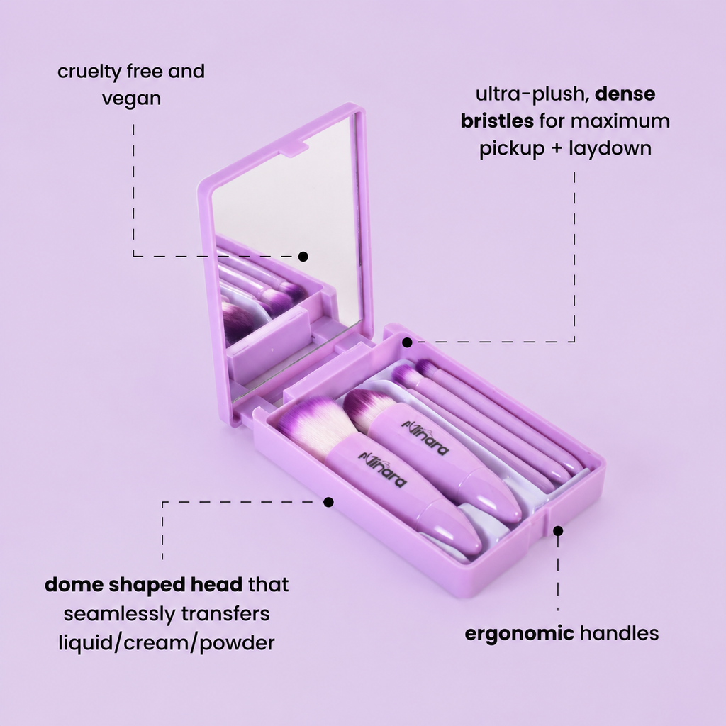 MINARA Travel Friendly Makeup Brush Applicator Set Of 5 Box With Mirror - Lavender