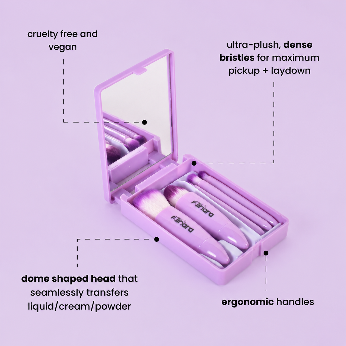 MINARA Travel Friendly Makeup Brush Applicator Set Of 5 Box With Mirror - Lavender