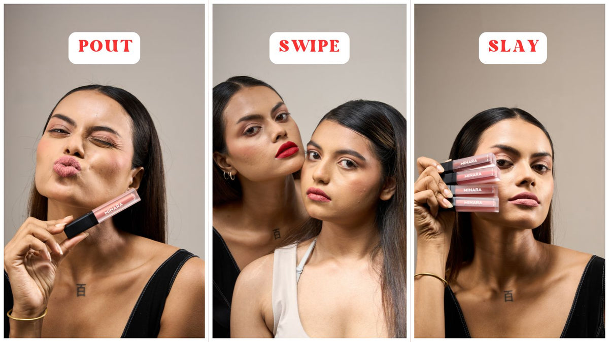 A three-panel collage showing a woman modeling lip products with text labels 'POUT', 'SWIPE', and 'SLAY' above each panel. The woman poses with a pink lip product puckered on her lips, with another model applying red lipstick while she looks on, and she holds a pink lip product near her eye.