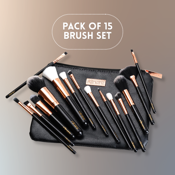 MINARA Makeup Brush Applicator Set of 15 with Premium Leather Pouch (Pack of 15)-Black