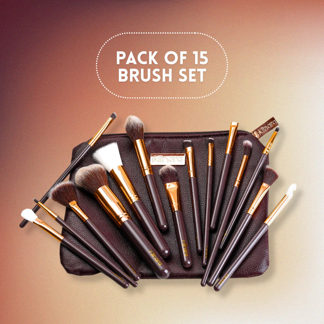 MINARA Makeup Brush Applicator Set of 15 with Premium Leather Pouch (Pack of 15)-Brown