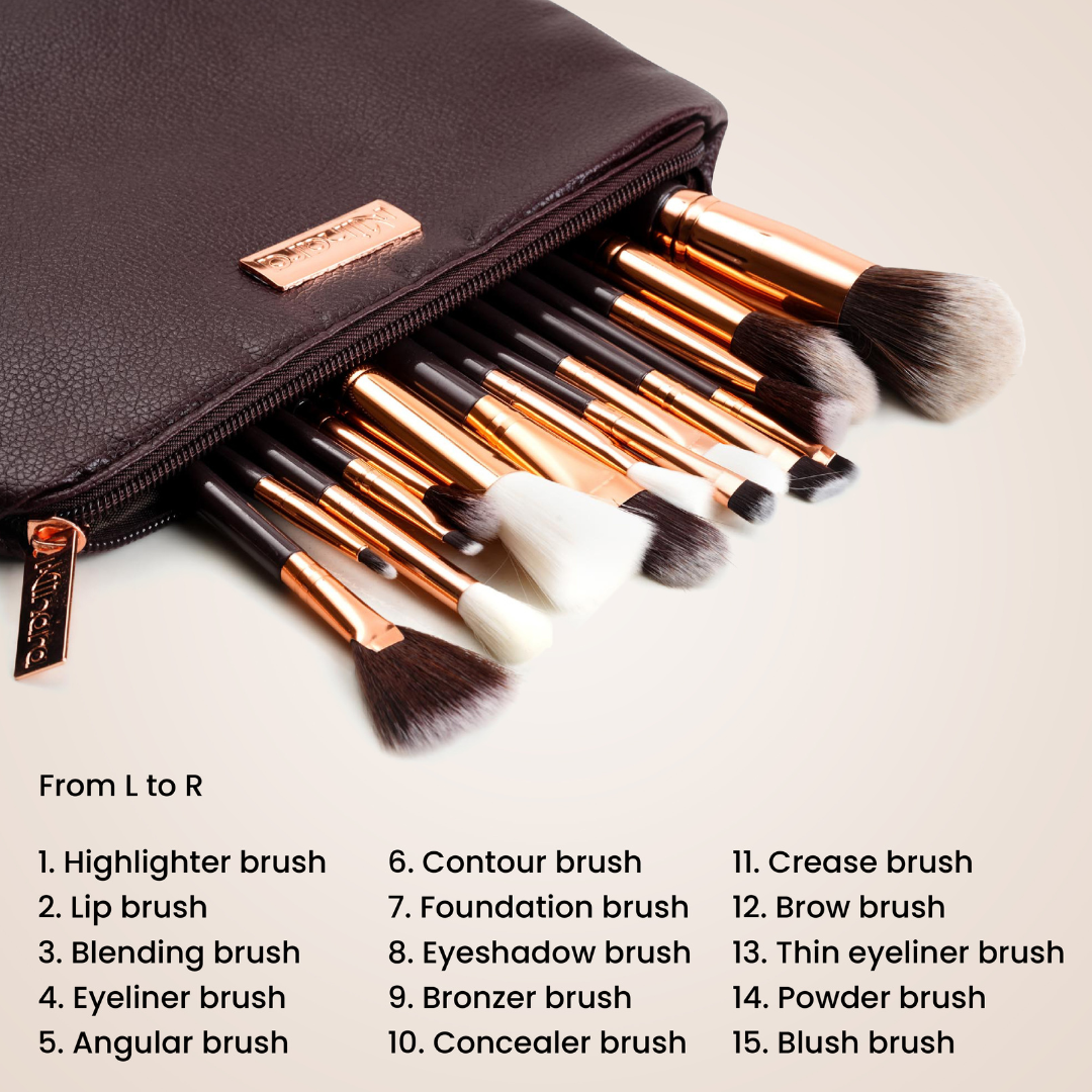 MINARA Makeup Brush Applicator Set of 15 with Premium Leather Pouch (Pack of 15)-Brown