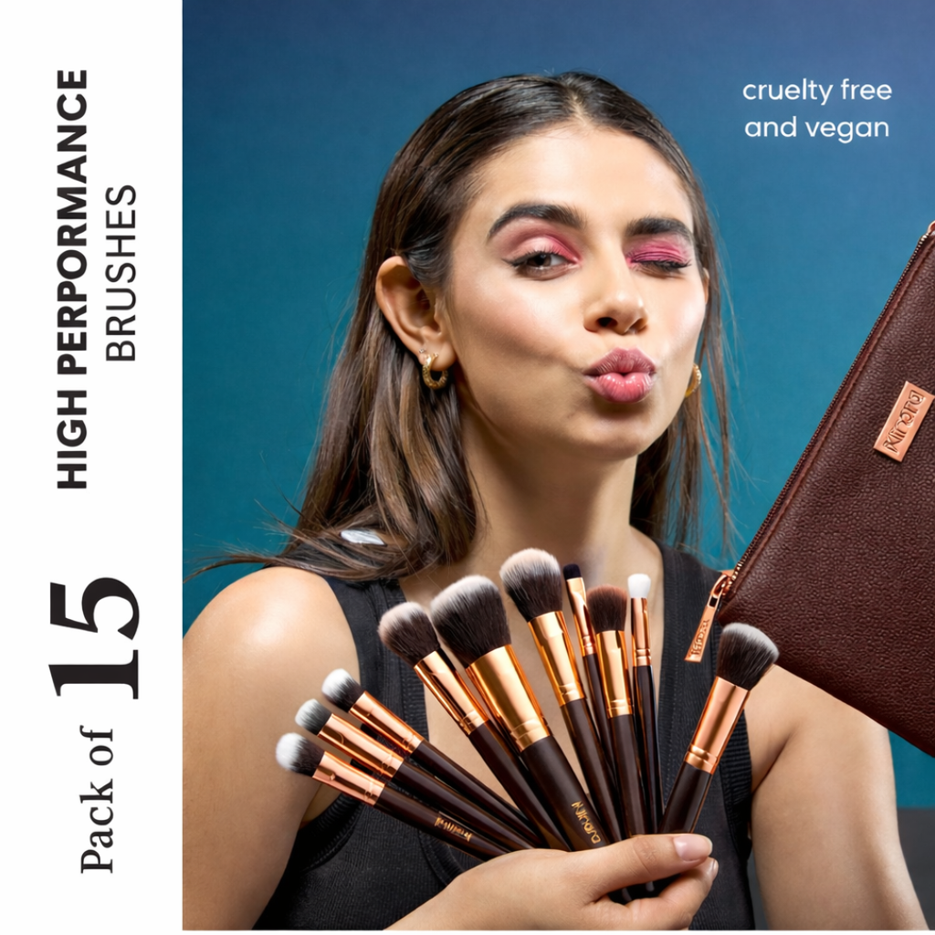 MINARA Makeup Brush Applicator Set of 15 with Premium Leather Pouch (Pack of 15)-Brown