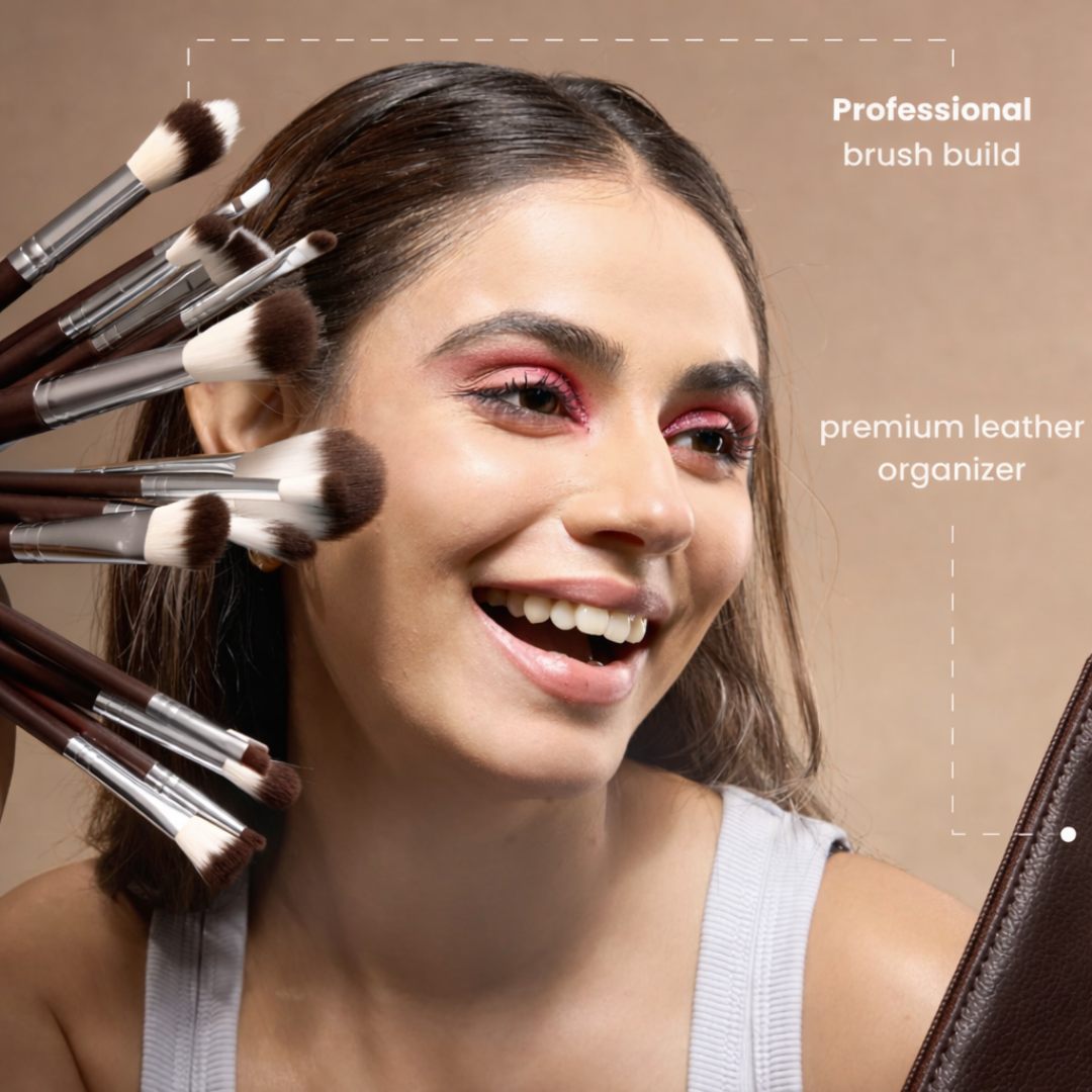 MINARA Makeup Brush Applicator Set of 15 with Premium Leather Pouch (Pack of 15)-Brown