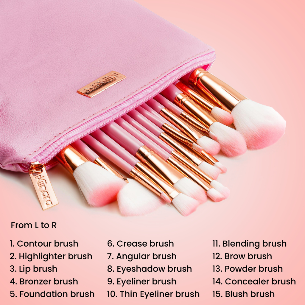 MINARA Makeup Brush Applicator Set of 15 with Premium Leather Pouch (Pack of 15)-Pink