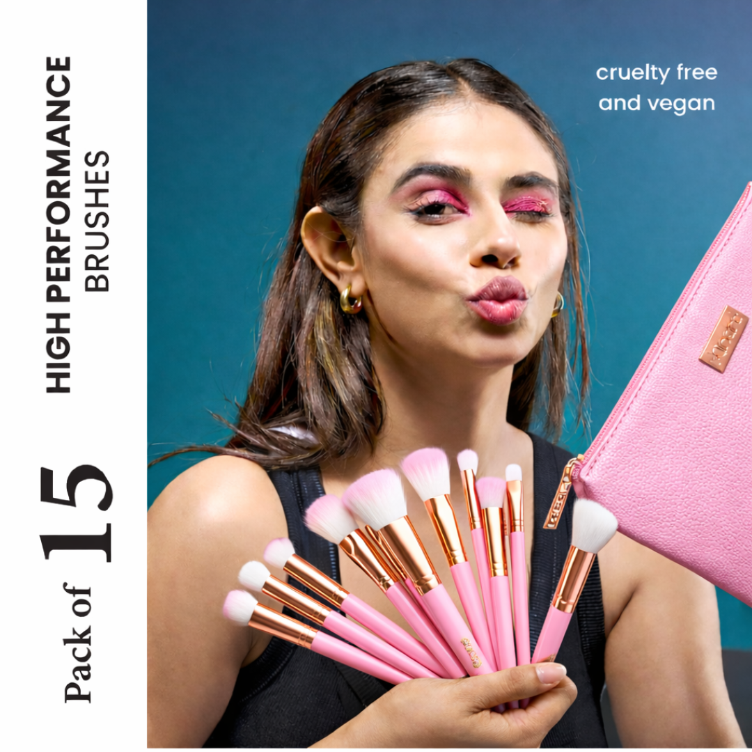 MINARA Makeup Brush Applicator Set of 15 with Premium Leather Pouch (Pack of 15)-Pink