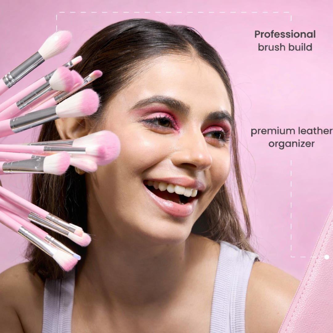 MINARA Makeup Brush Applicator Set of 15 with Premium Leather Pouch (Pack of 15)-Pink