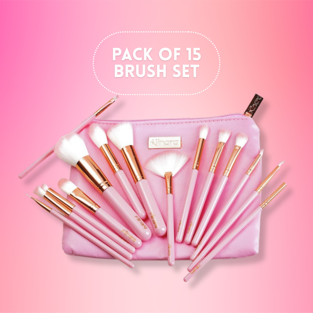MINARA Makeup Brush Applicator Set of 15 with Premium Leather Pouch (Pack of 15)-Pink