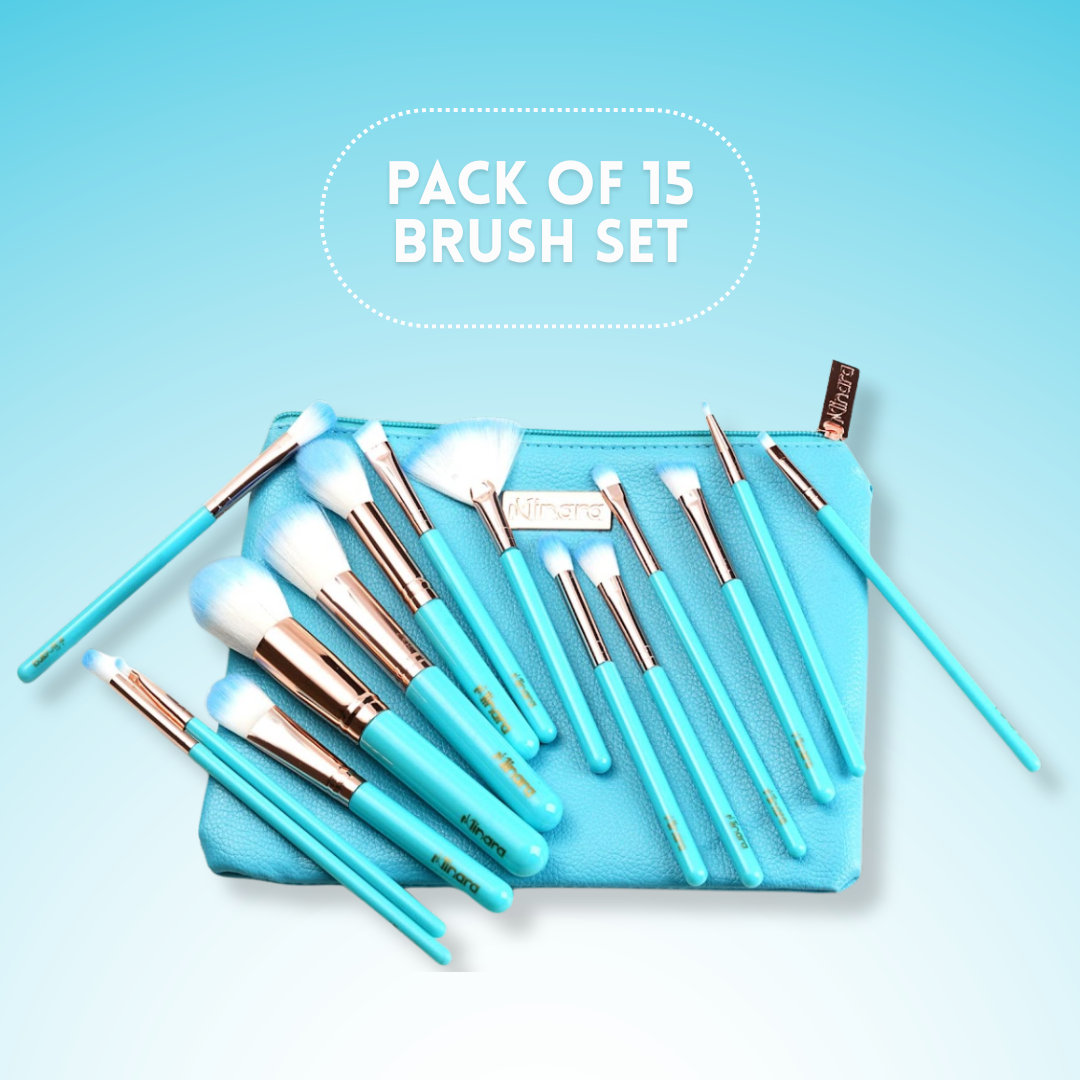 MINARA Makeup Brush Applicator Set of 15 with Premium Leather Pouch (Pack of 15)-Blue